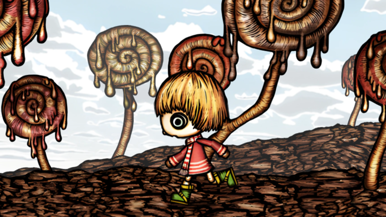 The doll walking through a landscape of tall spiral-shaped trees in Hanamushi's Doll Adventure