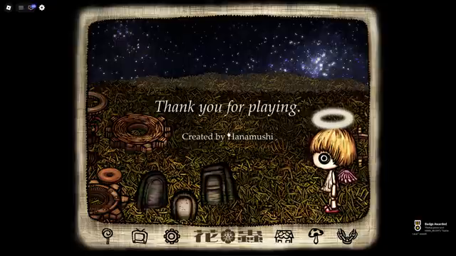 The doll under a starry sky beside a Thank you for playing message